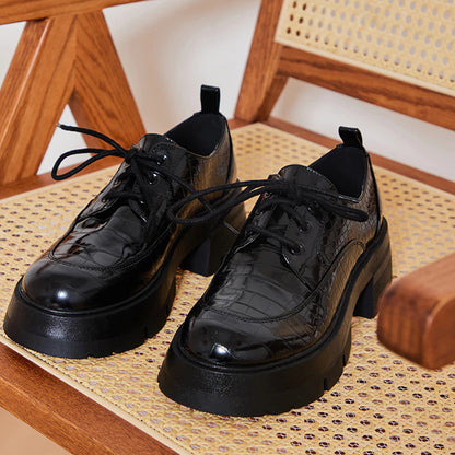 Black Croco Embossed Lug Sole Lace Up Women's Oxfords
