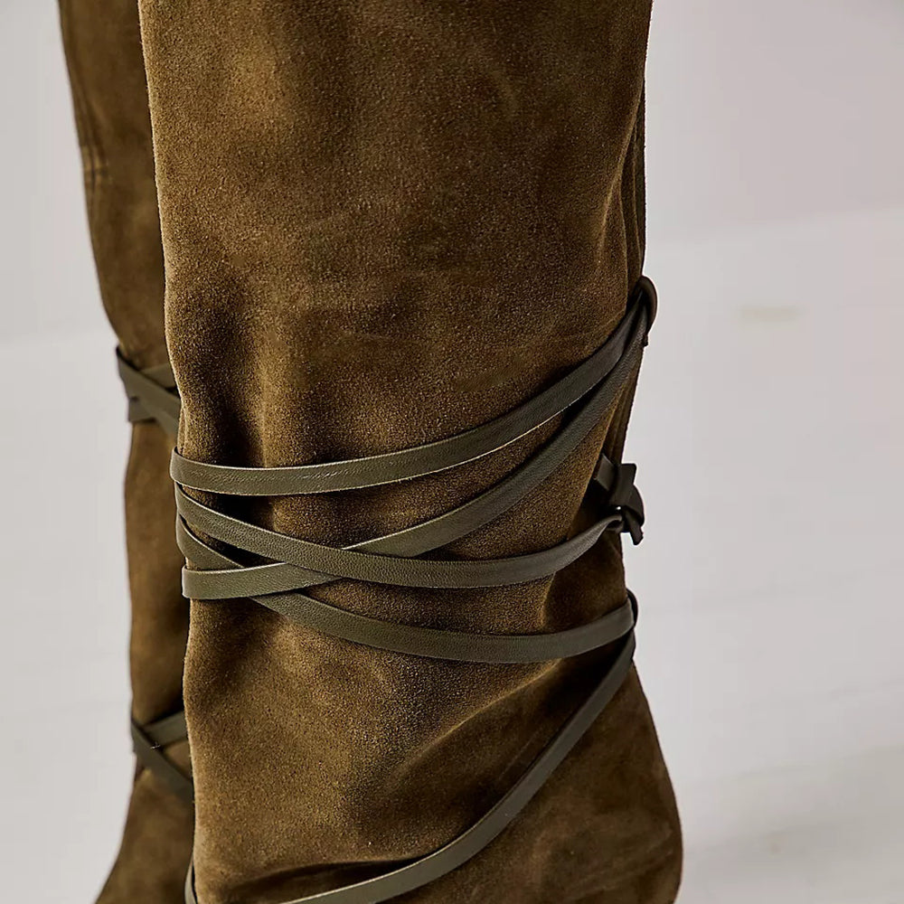 Dark Olive Vegan Suede Stiletto Heel Lace Up Detail Mid Calf Boots