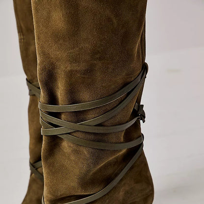 Dark Olive Vegan Suede Stiletto Heel Lace Up Detail Mid Calf Boots