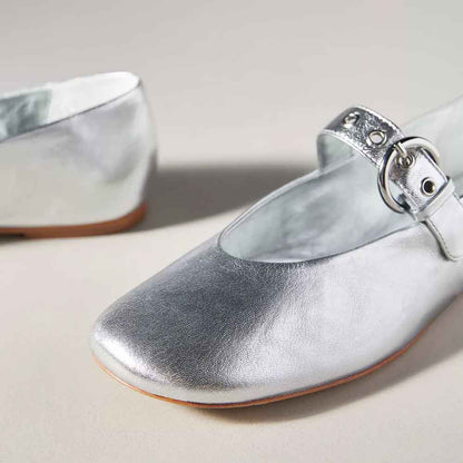 Silver Vegan Leather Round Toe Mary Jane Flats with Buckle