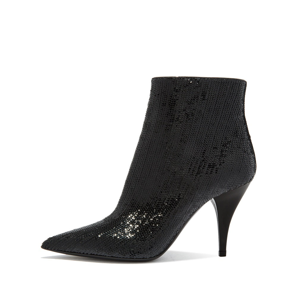 Black Pointed Toe Cone Heel Sparkly Ankle Boots for Women