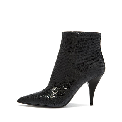 Black Pointed Toe Cone Heel Sparkly Ankle Boots for Women