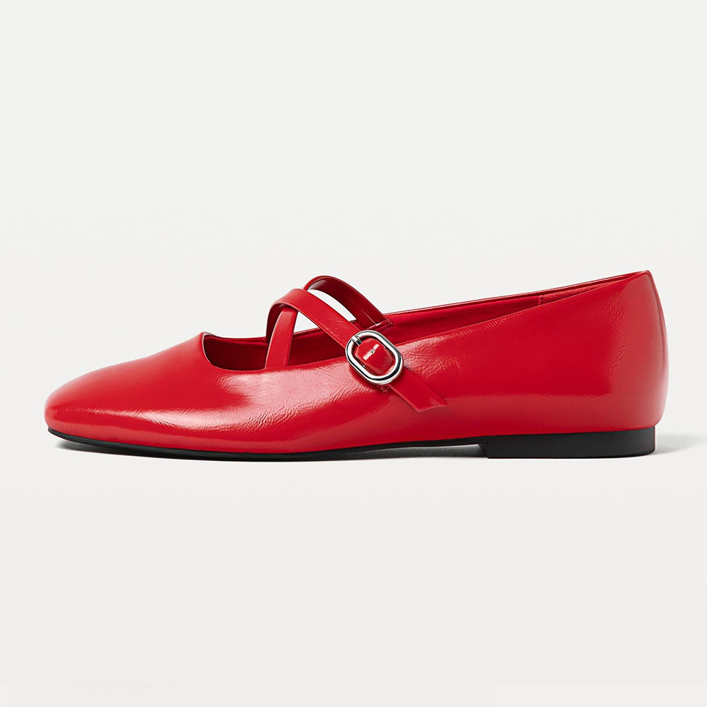 Women's Red Square Toe Cross Buckle Strap Elegant Ballet Flats