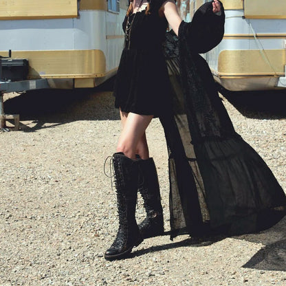 Black Distressed Round Toe Lace-Up Flat Knee High Boots for Women