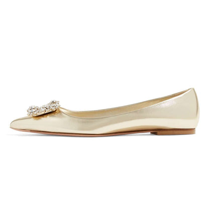 Gold Rhinestone Square Buckle Pointy Toe Comfortable Flats