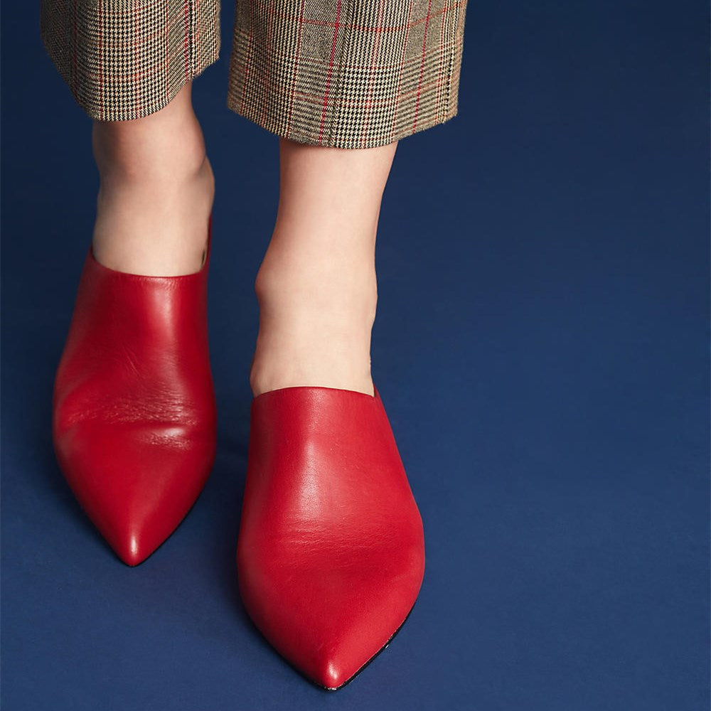 Women's Red Pointed Toe Slip-On Kitten Heel Mules for Women