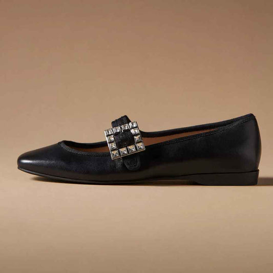 Black Square Toe Crystal Embellished Mary Jane Flats