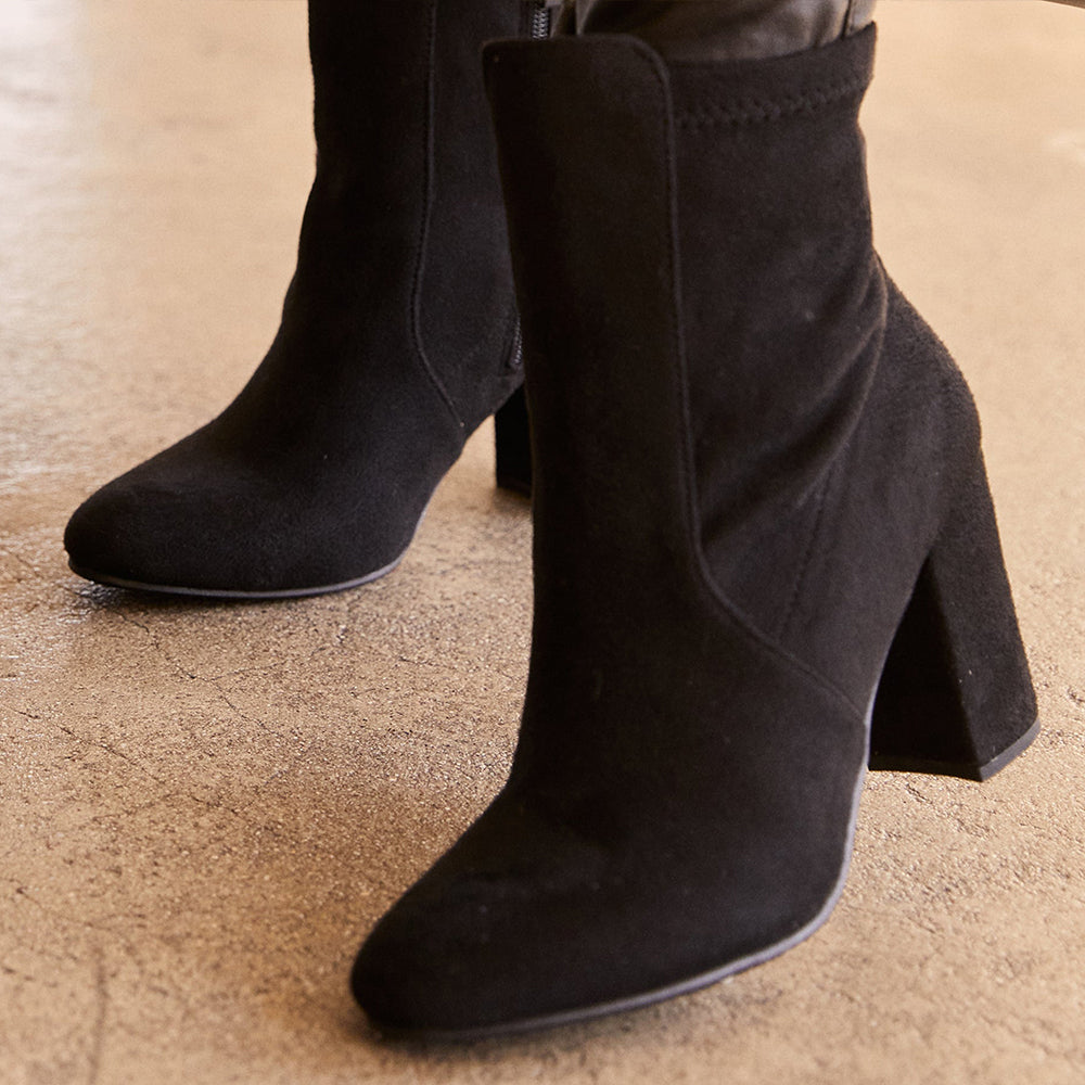 Women's Full Black Vegan Suede Block Heel Ankle Boots in Black