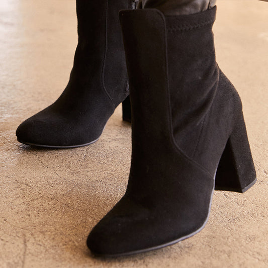 Women's Full Black Vegan Suede Block Heel Ankle Boots in Black