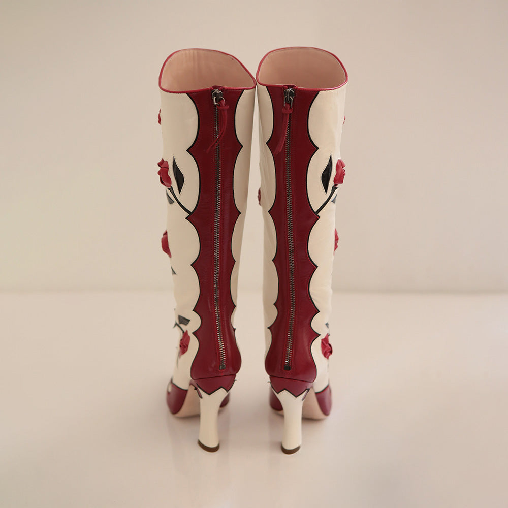 Red and Ivory Pointed Toe Rose Spool Heel Zipper Knee High Boots