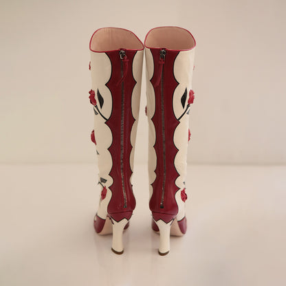 Red and Ivory Pointed Toe Rose Spool Heel Zipper Knee High Boots