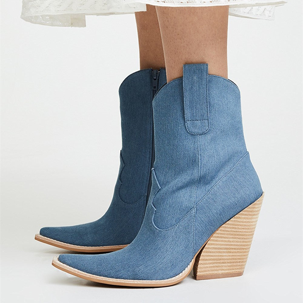 Blue Denim Square Toe Cowgirl Boots Chunky Heels Ankle Boots