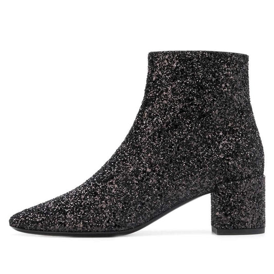 Black Glitter Closed Toe Chunky Heel Ankle Boots