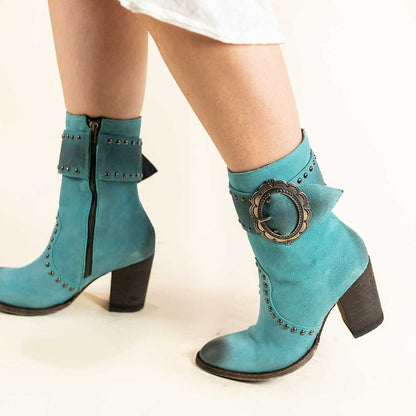 Turquoise Distressed Buckle Strap Chunky Heel Studded Mid Calf Boots