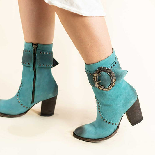 Turquoise Distressed Buckle Strap Chunky Heel Studded Mid Calf Boots