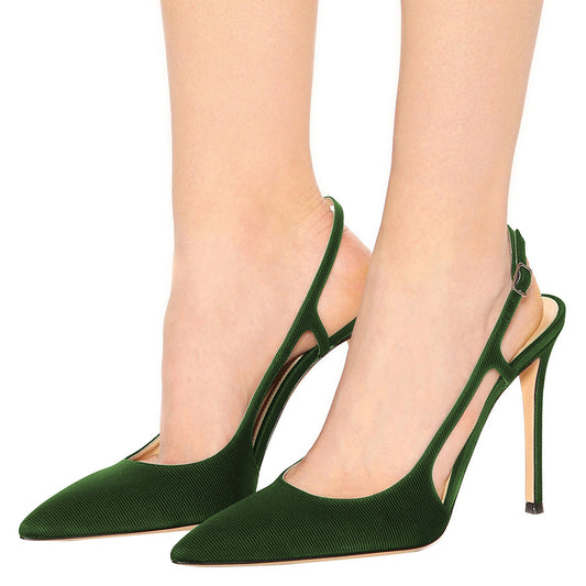 Women's Green Pointed Toe Heels Buckle Slingback Pumps