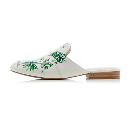 White Floral Print Flat Mules Loafers for Women