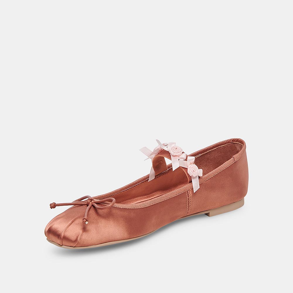 Pink Satin Square Toe Shoes Bow Embellished Ballet Flats with Straps