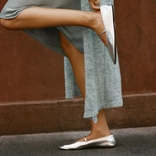 Silver Vegan Leather Round Toe Buckle Mary Jane Ballet Flats
