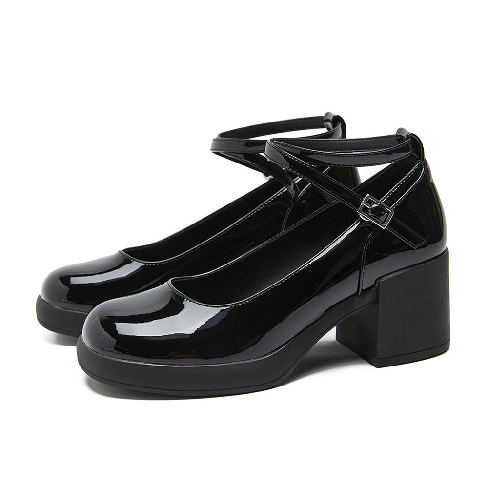 Black Closed Toe Chunky Heel Platform Ankle Strap Loafers