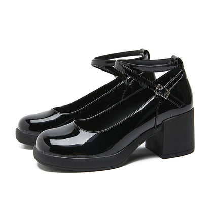 Black Closed Toe Chunky Heel Platform Ankle Strap Loafers
