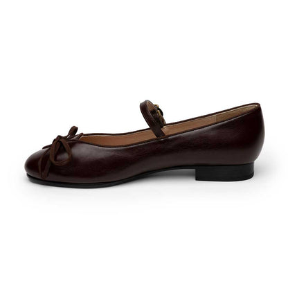 Dark Brown Vegan Leather Bow Inlay Buckle Strap Mary Jane Flats