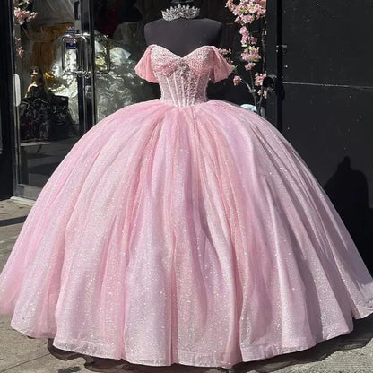 Beautiful Pink Sweetheart Sequin Off-the-shoulder Sweet 16 Quinceanera A-Line Tulle Floor-length Prom Dress Birthday Dress Evening Dress Ball Gown TP4546