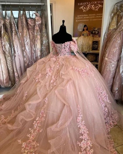 Beautiful Pink Sweetheart Applique Sweet 16 Quinceanera A-Line Tulle Floor-length Prom Dress Birthday Dress Evening Dress Ball Gown TP4547