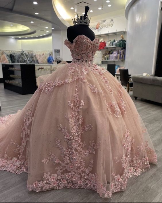 Elegant Pink Applique Sequin Off-the-shoulder Sweet 16 Quinceanera A-Line Floor-length Prom Dress Birthday Dress Evening Dress Ball Gown TP4420