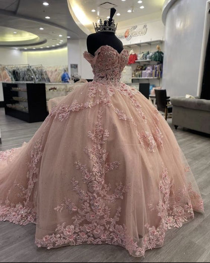 Elegant Pink Applique Sequin Off-the-shoulder Sweet 16 Quinceanera A-Line Floor-length Prom Dress Birthday Dress Evening Dress Ball Gown TP4420