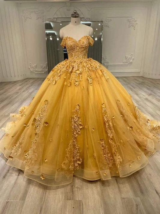 Beautiful Yellow Sweetheart Applique Off-the-shoulder Beaded Sweet 16 Quinceanera A-Line Tulle Floor-length Prom Dress Birthday Dress Evening Dress Ball Gown TP4548