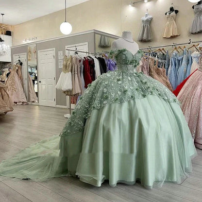 Elegant Sage Green Applique Off-the-shoulder Sweet 16 Quinceanera A-Line Tulle Floor-length Prom Dress Birthday Dress Evening Dress Ball Gown TP4540