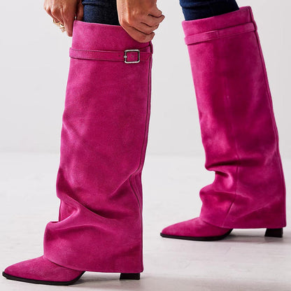 Pink Faux Suede Pointed Toe 4'' Chunky Heel Fold Over Knee High Boots