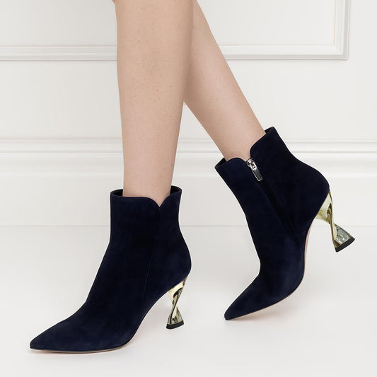 Black Faux Suede Pointed Toe Decorative Heel Ankle Boots
