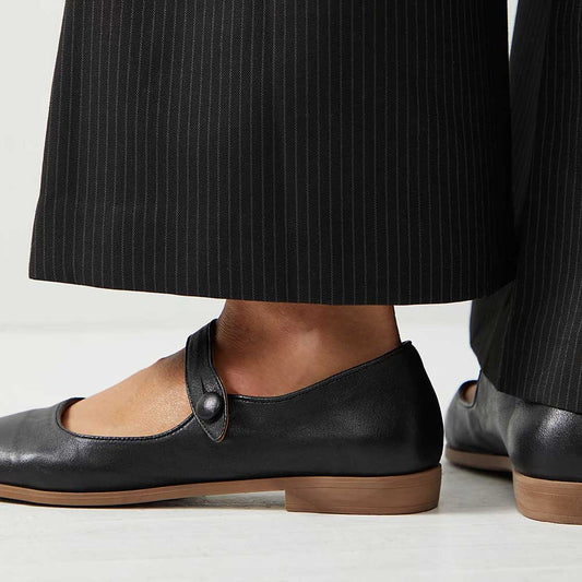 Black Vegan Leather Pointed Toe Button Strap Mary Jane Flats
