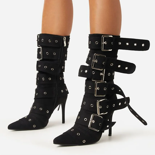 Black Stiletto Heel Pointed Strappy Buckle Vintage Mid-Calf Boots