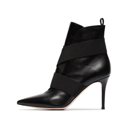 Black Elastic Straps Pointed Toe Pull-On Stiletto Heel Ankle Boots