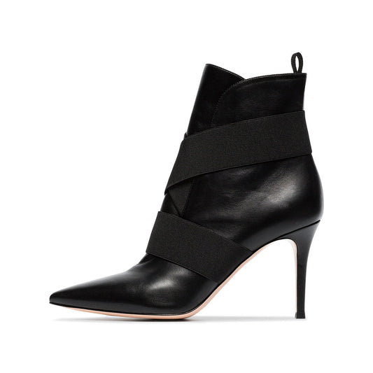 Black Elastic Straps Pointed Toe Pull-On Stiletto Heel Ankle Boots