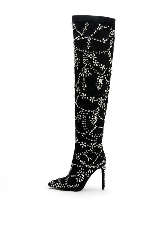 Women's Black Pointed Toe Rhinestone Decor Heeled Knee High Boots