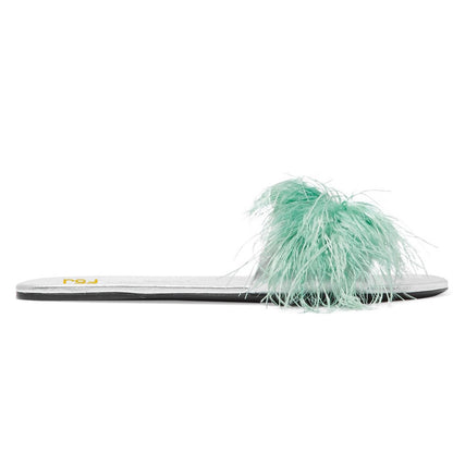 Stylish Silver Open Toe Flats Turquoise Faux Feather Slide Sandals
