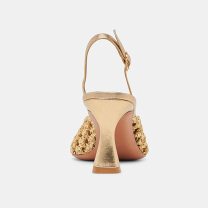 Gold Metallic Finish Pointed Toe Woven Cut-Out Slingback Heels