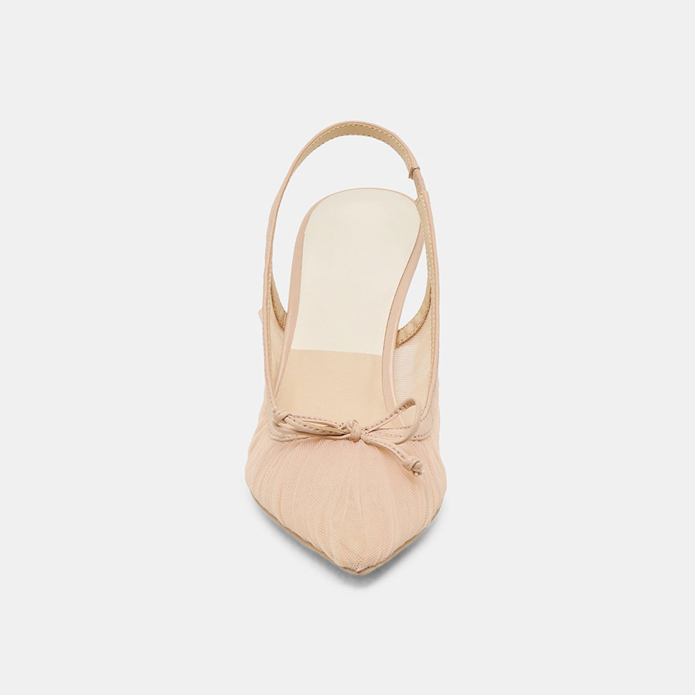 Nude Mesh Pointed Toe Pleated Detail Slingback Pumps with Bow