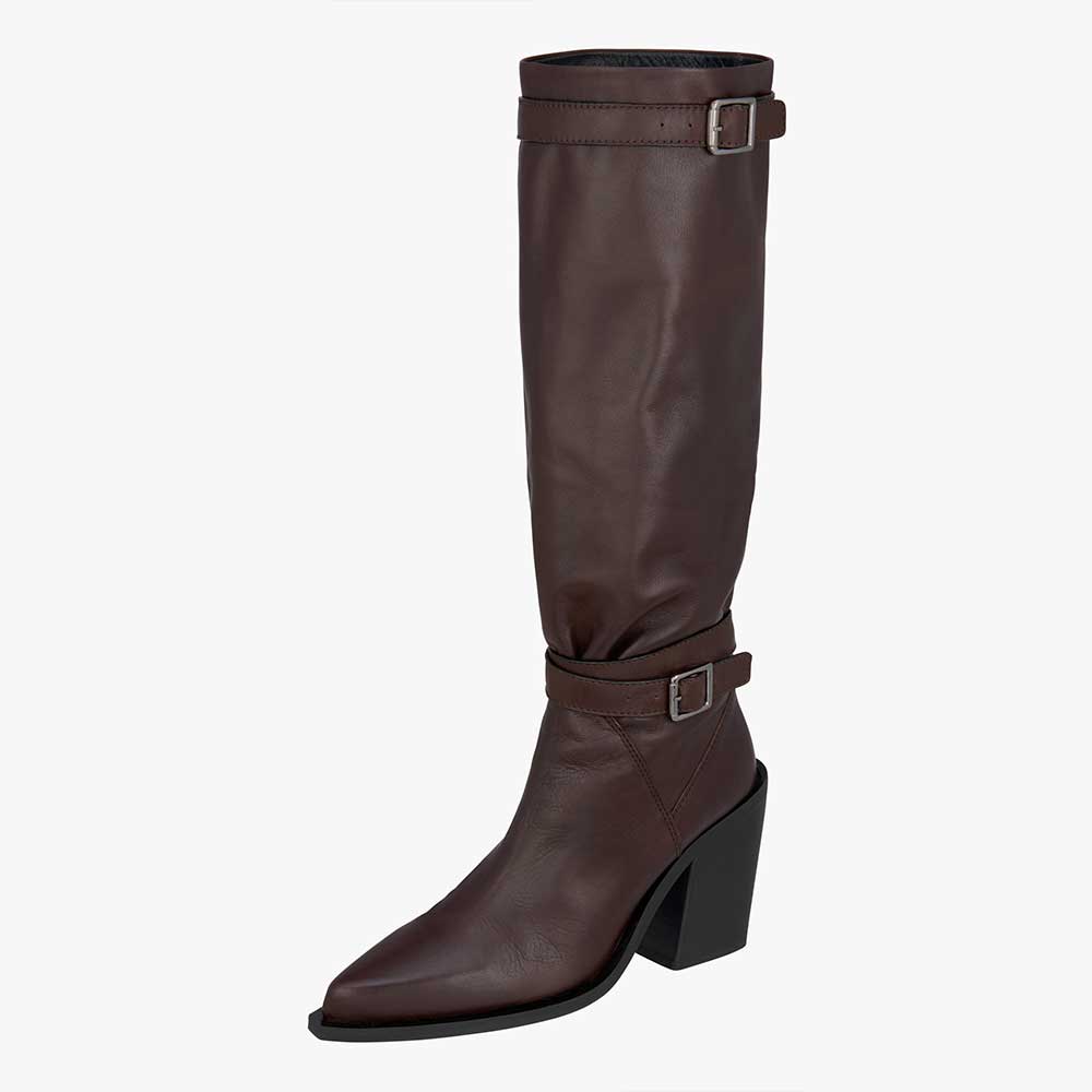 Dark Brown Vegan Leather Pointed Toe 3__ Chunky Heel Knee High Boots