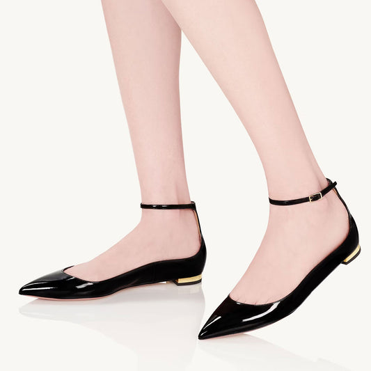 Classy Black Patent Leather Buckle Ankle Strap Pointed Toe Flats