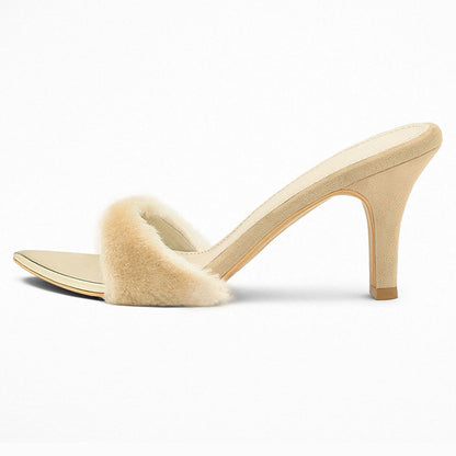 Beige Open Toe Faux Fur Strap Detailing Block Heel Mules Sandals
