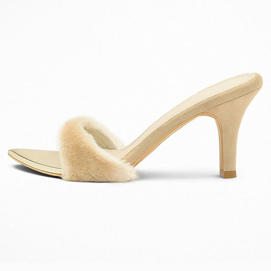Beige Open Toe Faux Fur Strap Detailing Block Heel Mules Sandals