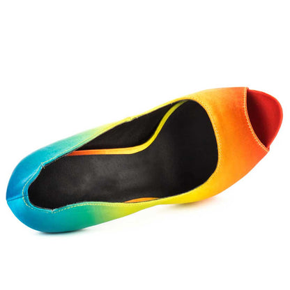 Women's Multicolor Satin Peep Toe Platform Pumps with Printed Outsole
