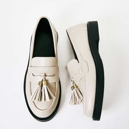 Beige Tassel Penny Loafers Round Toe Business Casual Shoes for Women