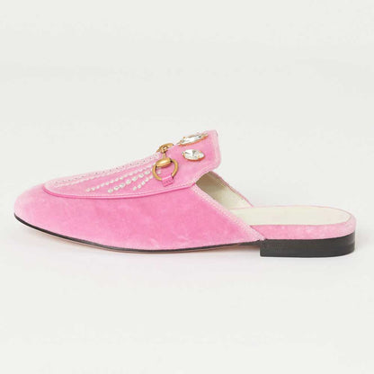 Pink Velvet Crystal Embellished Mule Loafers with Gold Hardware Decor