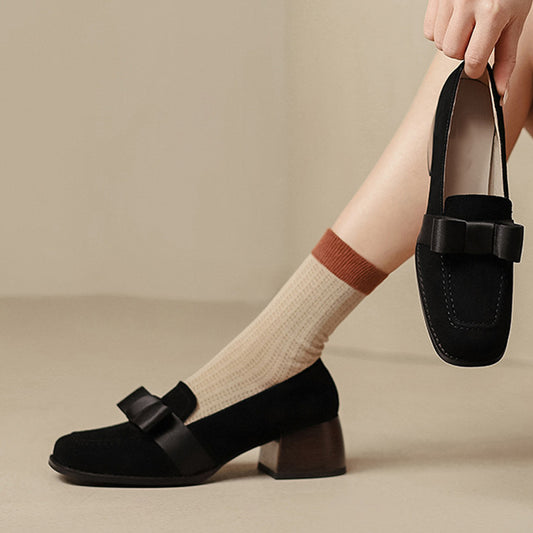 Black Faux Suede Square Toe Chunky Heel Loafers with Bow